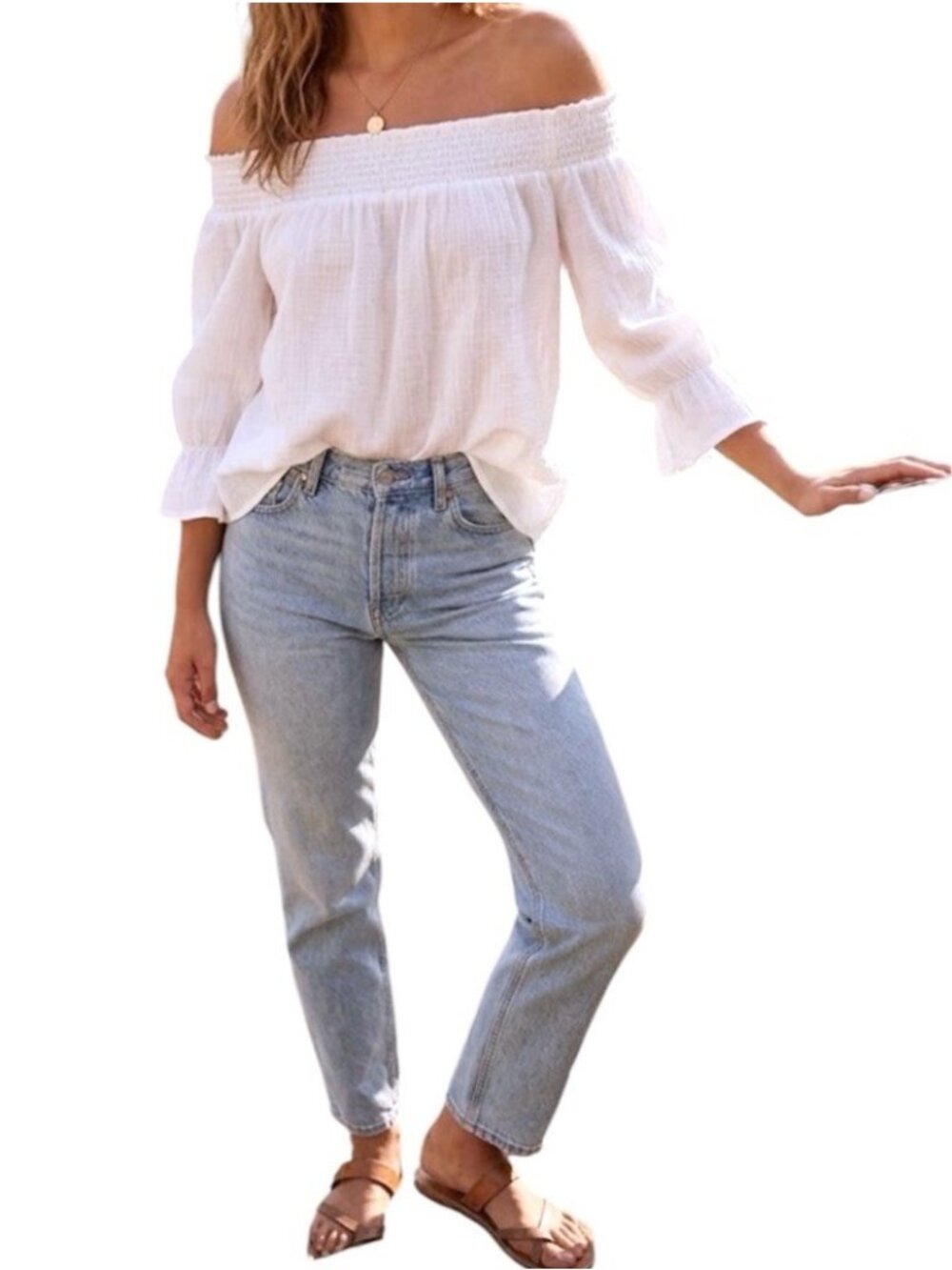 AndTheWhy Ivory Off The Shoulder Back Tie Boho Resort Cottage Blouse Medium